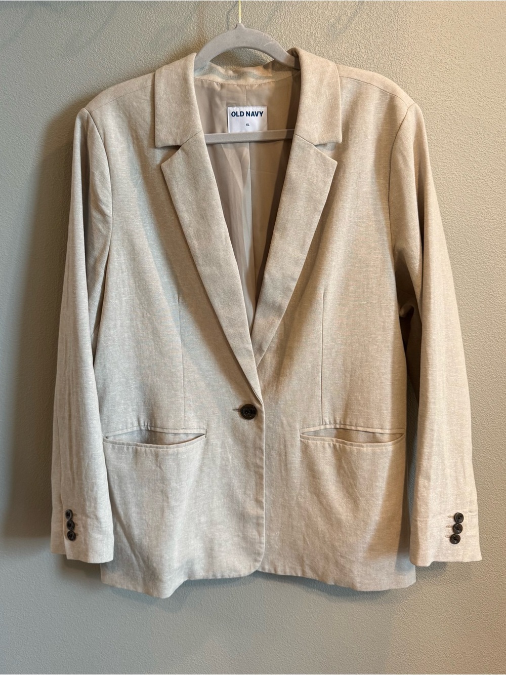 Old Navy Women's Light Beige Single-Button Blazer Linen Blend Oversized